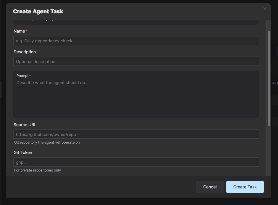Create Agent Task modal with fields for Name, Prompt, Source URL, and Git Token