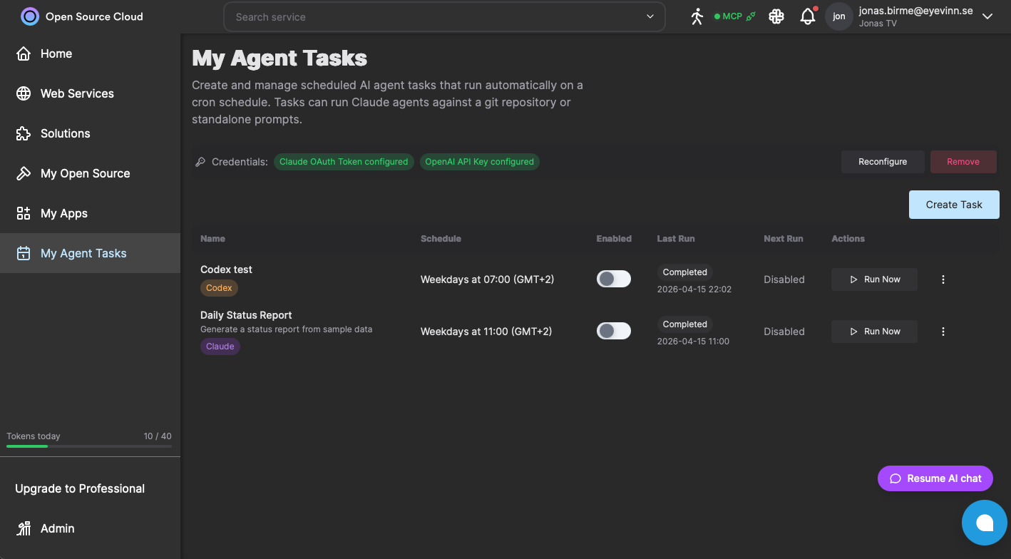 My Agent Tasks dashboard on Open Source Cloud showing scheduled Claude and Codex tasks