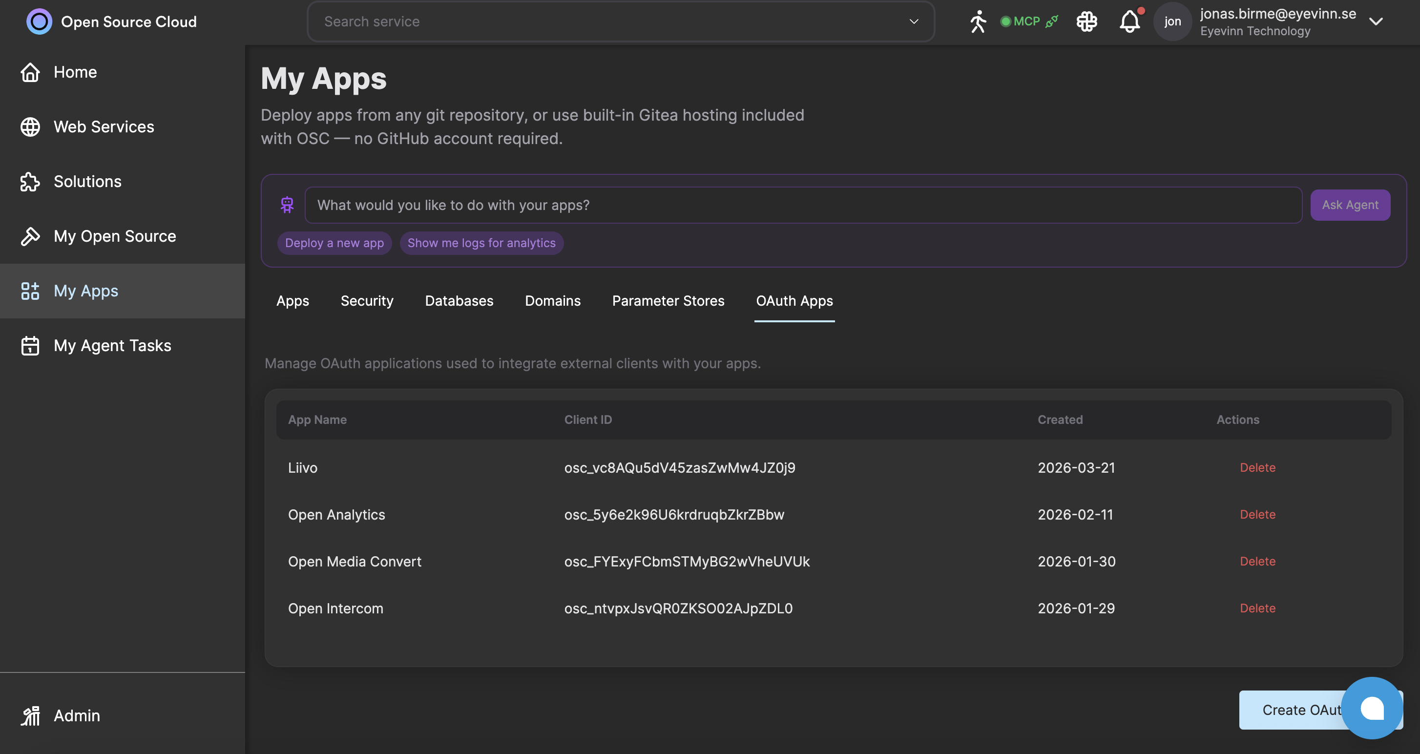 OSC dashboard My Apps OAuth Apps tab showing registered applications with client IDs