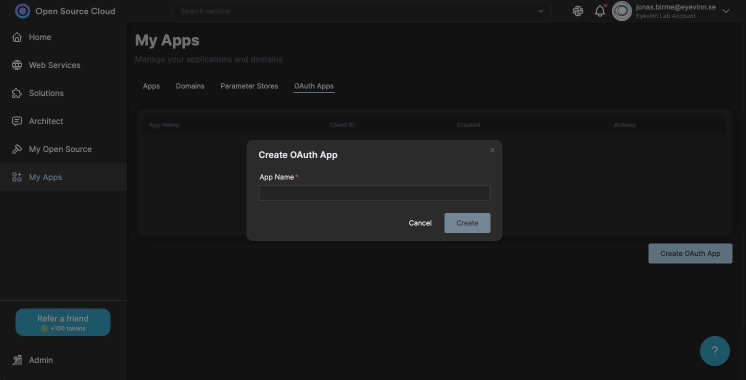 Create OAuth App dialog in OSC web console